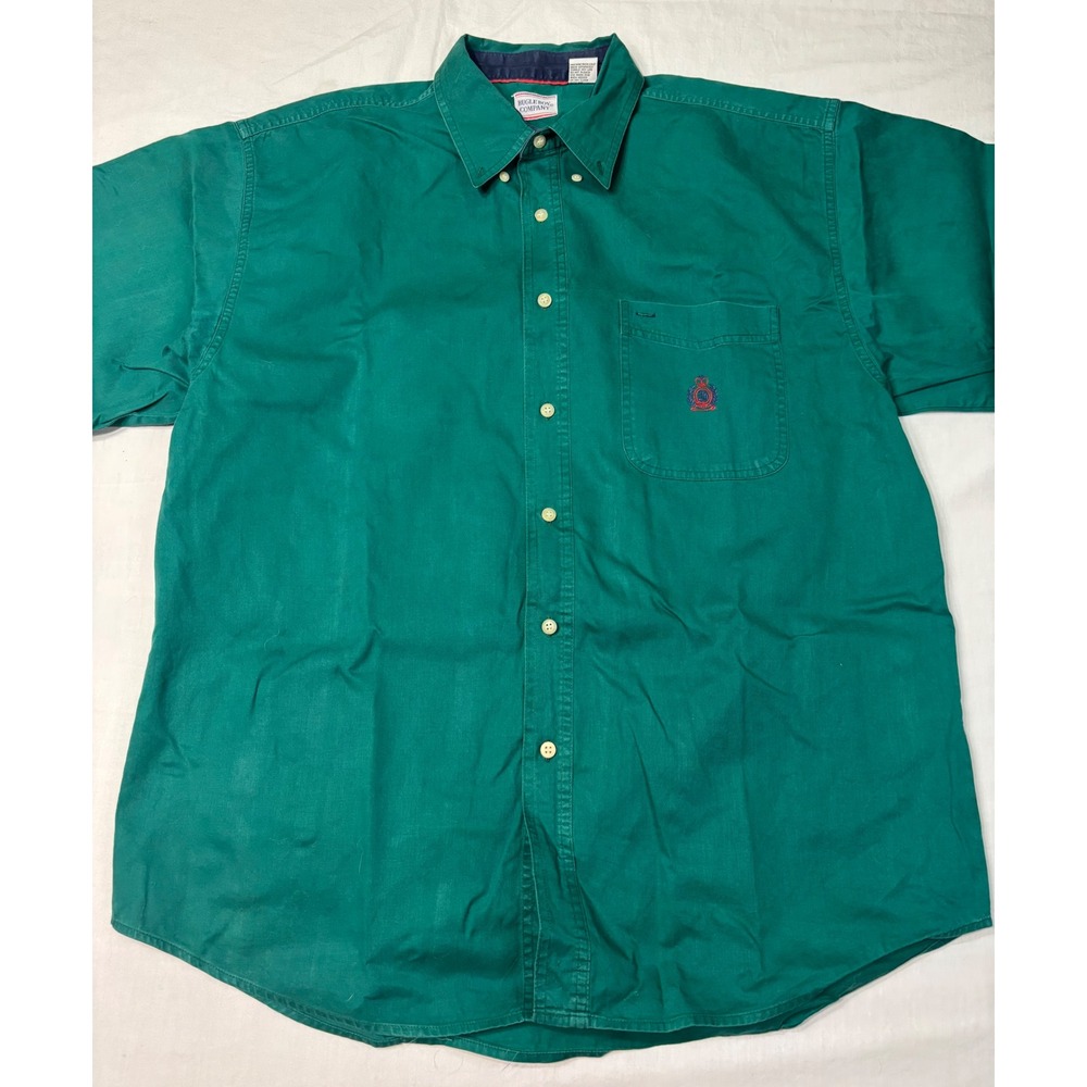 Bugle Boy Company Mens XL Green Short Sleeve Button Down Cotton Twill Shirt Logo